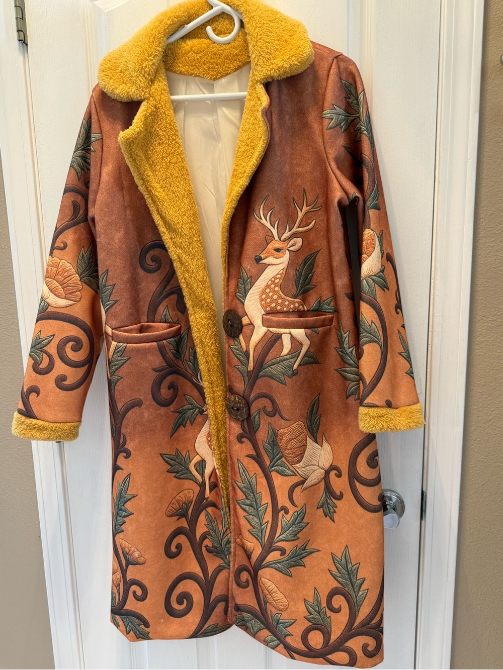Shearling Trench Coat with Yellow Trim Fits like Med/Large $235.00